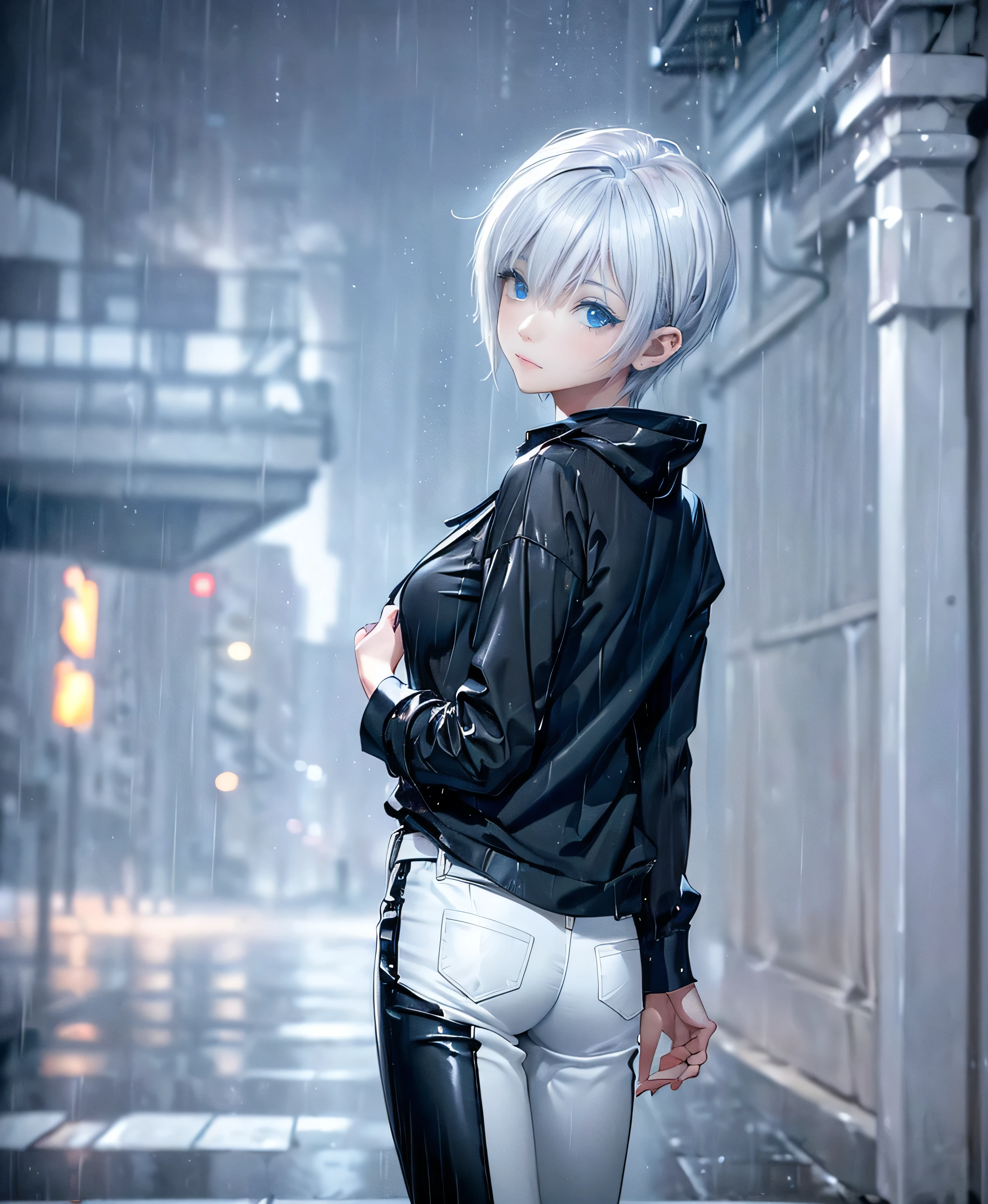 ((4K Works))、masterpiece、(Highest quality)、One beautiful girl、The body is slim、expensive、((Black Y-shirt and white pants、Charming street style))、Please put on a jacket.、Wearing a hood to hide his face、(Beautiful eyes in every detail)、Morning City、((Rainy Town))、Fashionable city with morning rain、During a walk、((Face similar to Carly Rae Jepsen))、((short-haired gray hair))、((Makes your face smaller))、((Neutral face))、((Bright Blue Eyes))、((American adult women))、((Adult female, 2))、((Cool woman))、((Like a celebrity))、((A lonely look))、((Korean Makeup))、((elongated and sharp eyes))、((Happy Date))、((boyish))、((Upper body photo shoot))、Professional photos、((Model Photo))、((Shot alone))、((She is under the roof))、((Look up at the sky))、((Shooting from behind))、((She is looking upwards))、((Her eyes are looking up))、((Increase the angle of the face))、((She is walking in front of the viewer))