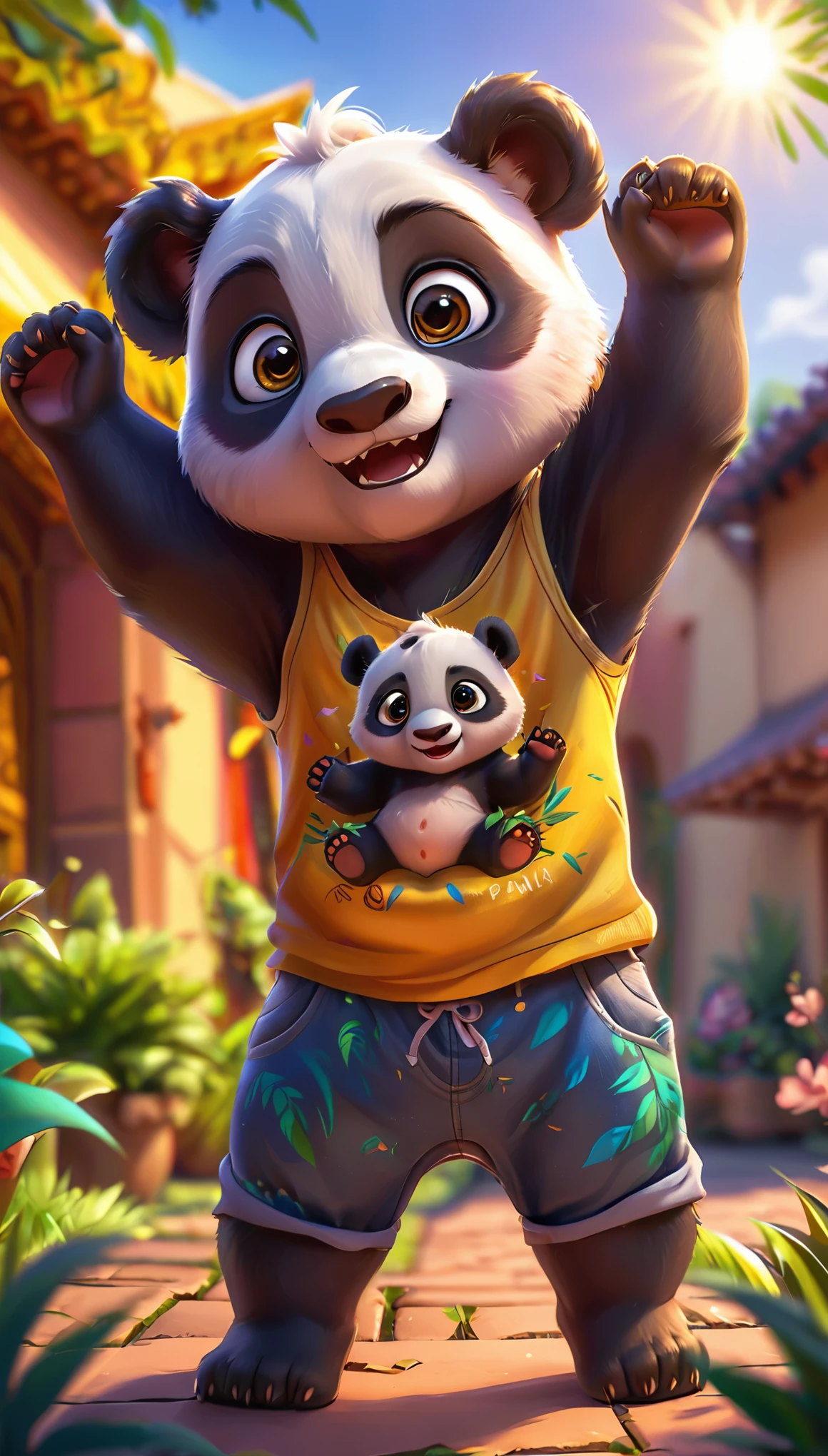 cute baby panda, cartoon , arms, hands ,cute eyes, looking at viewer, arms up, clothes, flawless, sunny background