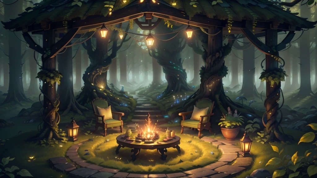 болоEnchanting Evening Retreat. Envision a cozy courtyard by a beautiful, fairy-tale house, The house glows with a cozy light, nestled in a garden teeming with diverse flowers and bushes. The garden is alive with colors and textures, from delicate blossoms to thick, leafy foliage. The setting sun bathes the scene in a warm, ethereal glow, with a tea table perfectly placed to enjoy the peaceful ambiance. A cozy tea setup with delicate porcelain cups and a teapot is placed on a stone table surrounded by flowering plants. masterpiece, Best Quality, (highly detailed CG Unity 8k wallpaper), (Best Quality), (Best Illustration), (BEST SHADOWS), Natural elements in the forest theme. mysterious forest, Beautiful forest, nature, surrounded by flowers, delicate leaves and branches surrounded by Fireflies (Natural elements), (Jungle theme), (leaves), (branches), (Fireflies), (particle effects), etc. 3D , Octane Rendering, Ray Tracing, super detailed