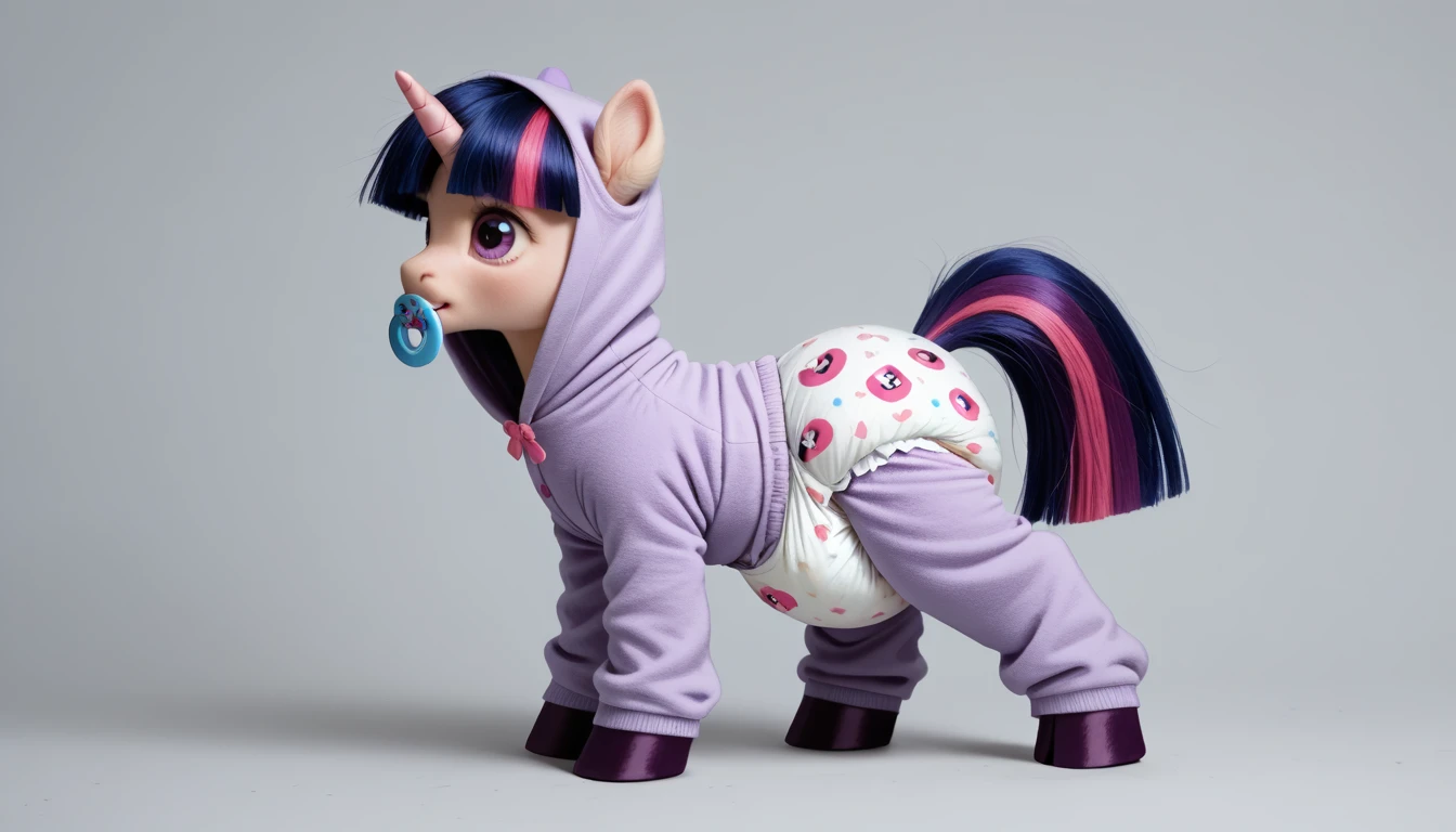 pony, Unicorn, purple wool, dark blue mane with purple streak and pink streak, the tail is dark blue with a purple strand and a pink strand, purple eyes, stands on four hooves, rear hooves spread wide apart, adult filly, dressed in a onesie and booties, pacifier in mouth, solo, thick diaper under clothes.