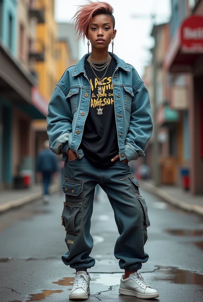 A hip hop girl shows off her style and attitude in an oversized denim jacket, black graphic t-shirt, cargo pants and white sneakers, while her flashy accessories and bold haircut complement her striking presence in an urban setting.
