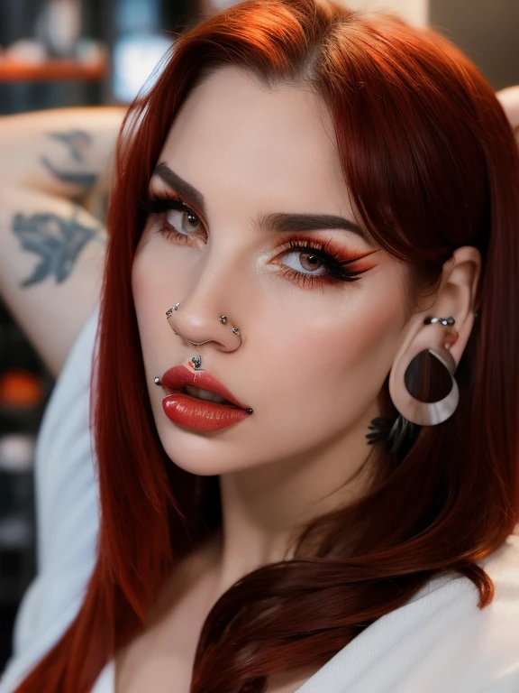 (masterpiece, best quality, photorealistic realistic,) 1 women, blunt bangs, shirt, white shirt, red hair, shiny brown eyes, thin eyebrows, eyelashes, licking lips, lipstick, long hair, looking at viewer, makeup, nose, open mouth, orange background, red lips, single, tongue out, upper body, arm tattoo, blurred background, close up, chest tattoo, depth of field, makeup, motion blur, shoulder tattoo, tattoo, ear piercing, earrings, stud earrings
