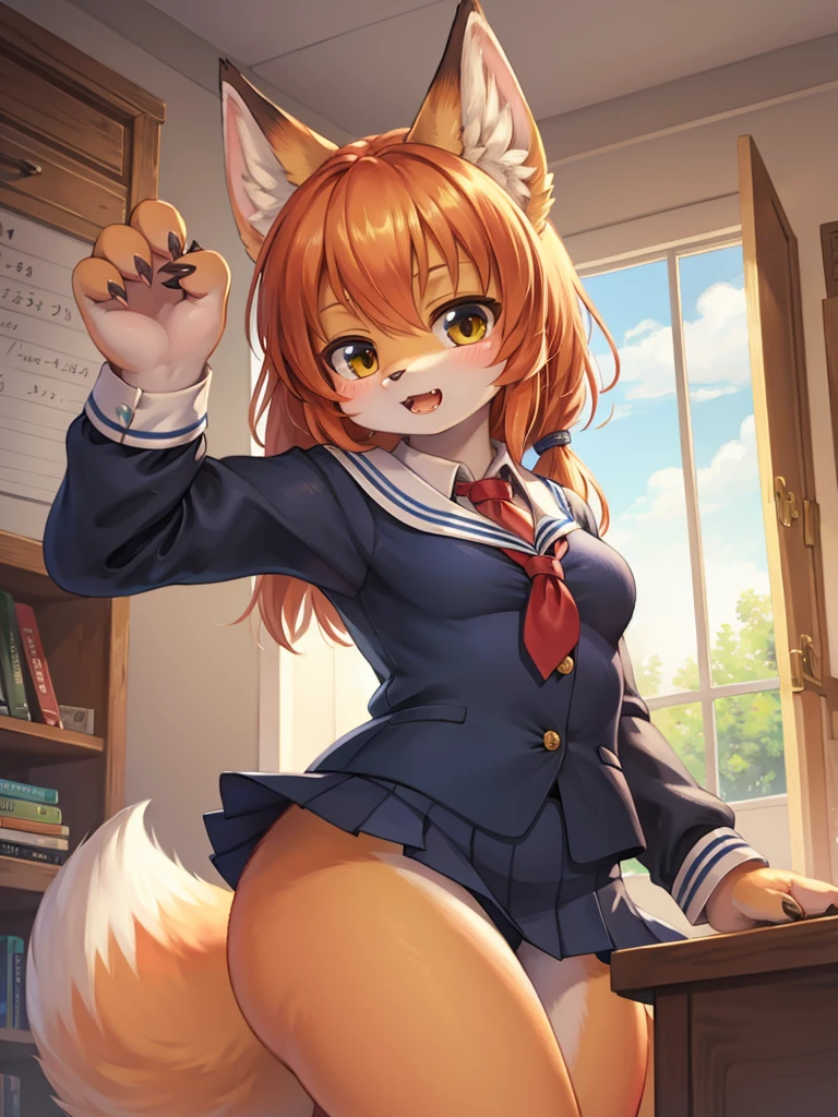 Renoir style , Childish fox girl, relaxed school uniform, roar , claw pose , (navel exposed:0.3)