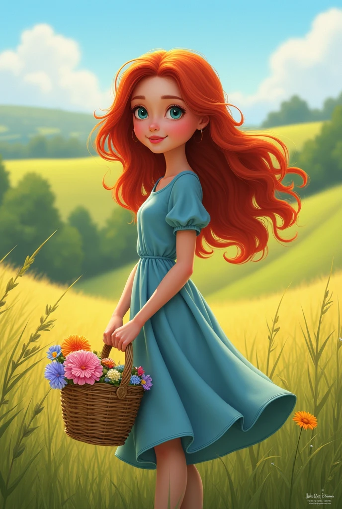 One of the field, with a cap and wearing a dress, your clothes must be blue in color, holding a flower basket, and your hair must be red, using the lines of illustrator Sarah Kay, but in the Disney Pixar style, high qualiy, best qualityer