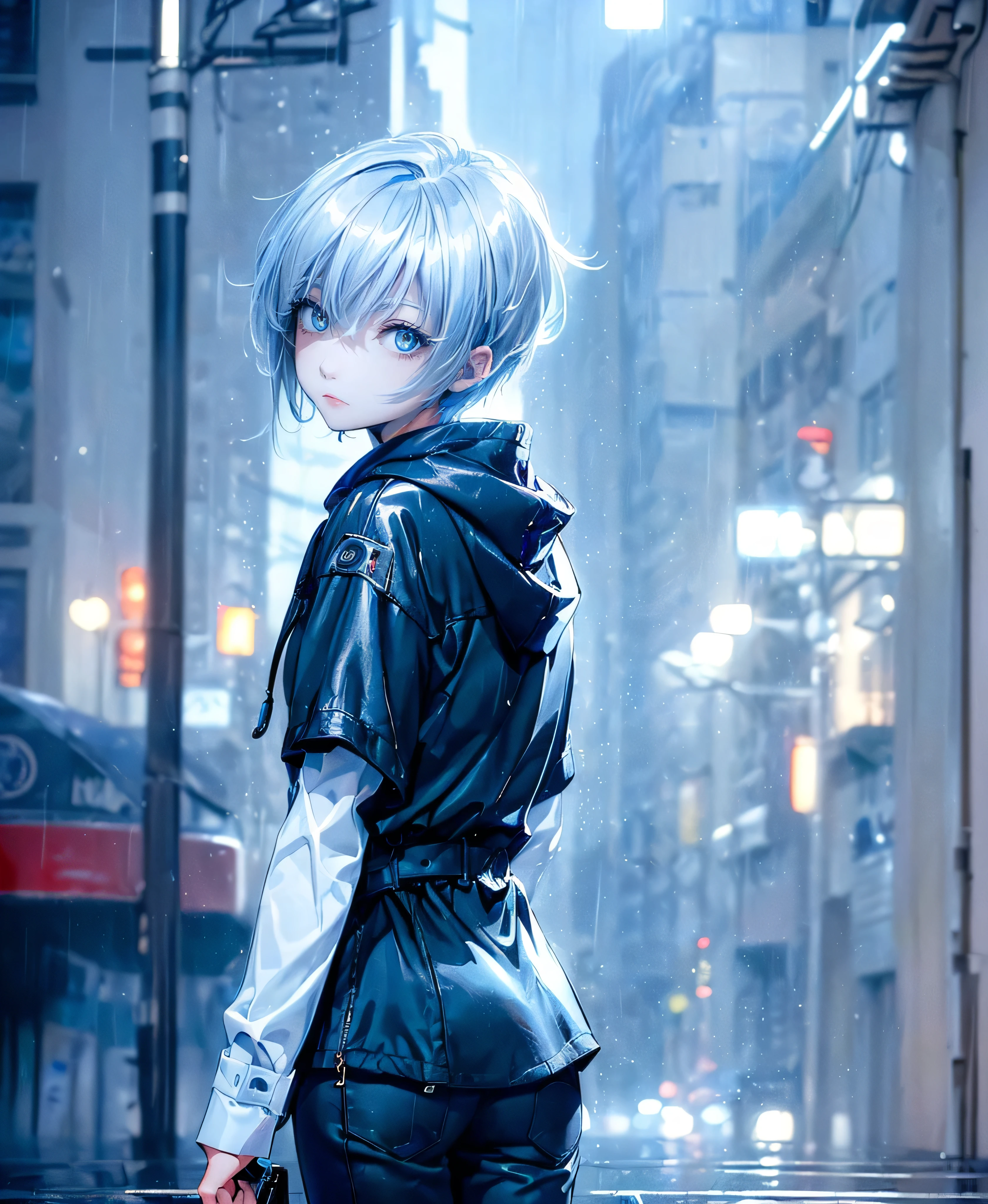 ((4K Works))、masterpiece、(Highest quality)、One beautiful girl、The body is slim、expensive、((Black Y-shirt and white pants、Charming street style))、Please put on a jacket.、Wearing a hood to hide his face、(Beautiful eyes in every detail)、Morning City、((Rainy Town))、Fashionable city with morning rain、During a walk、((Face similar to Carly Rae Jepsen))、((short-haired gray hair))、((Makes your face smaller))、((Neutral face))、((Bright Blue Eyes))、((American adult women))、((Adult female, 2))、((Cool woman))、((Like a celebrity))、((A lonely look))、((Korean Makeup))、((elongated and sharp eyes))、((Happy Date))、((boyish))、((Upper body photo shoot))、Professional photos、((Model Photo))、((Shot alone))、((She is under the roof))、((Look up at the sky))、((Shooting from behind))、((She is looking upwards))、((Her eyes are looking up))、((Increase the angle of the face))、((She is walking in front of the viewer))