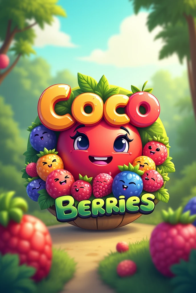 Generate logo of coco berries which is a cartoon channel with text and in high quality with more berries of different type