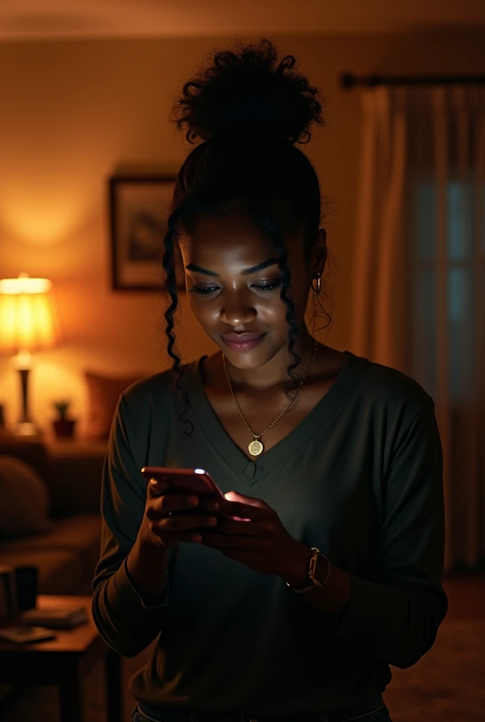 In night 20 year old black girl, (keke palmer), received a call on the living room, smartphone. She wears casual clothes. Mistery style, cinematic lightning, day, warm colors
