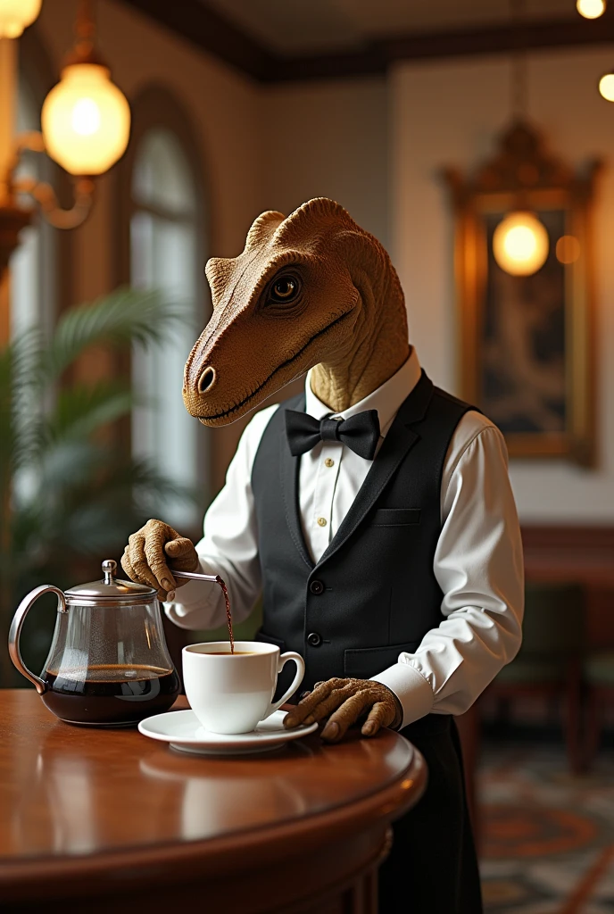 Dinosaur with bow tie and long sleeves、A dinosaur elegantly brewing coffee in a classical cafe、By drip、Calm、Over the counter　Ceramic coffee pot
