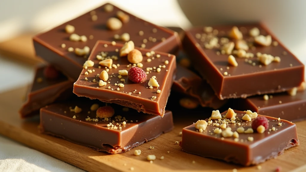 The image showcases a beautifully crafted piece of homemade chocolate inspired by trendy Dubai treats. The chocolate is set on a rustic wooden table, enhancing its homemade appeal. The chocolate is a rich, deep brown with a glossy sheen, and it's sprinkled with a delicate touch of edible gold flakes and a scattering of crushed nuts, adding a luxurious touch. A few pieces of the chocolate are broken to reveal a creamy, smooth interior, hinting at its delicious texture. The background is softly blurred to emphasize the chocolate, with warm, natural light highlighting its details and making it look inviting and freshly made., the image is taken in a kitchen , the chocolate looks homemade