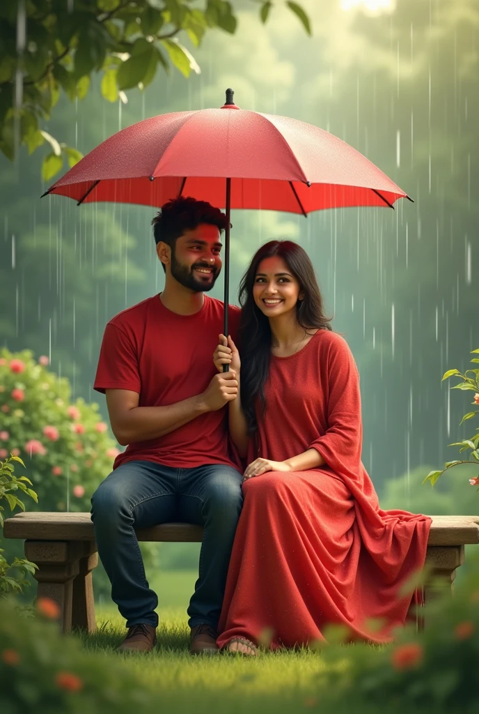 Slowly slowly rain with Ali and waniya couple   with garden and Ali plug in umbrella with couple sitdown in a banch and girl dress in a red frock and boy In a red t-shirt and couple smiling faces in prompts
