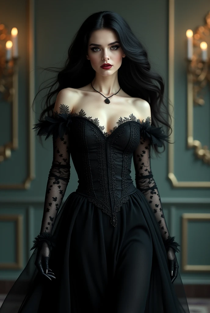 Female vampire with white skin tone, voluminous black smooth hair, crimson eyes, wearing a royal black dress, great physique, great beauty