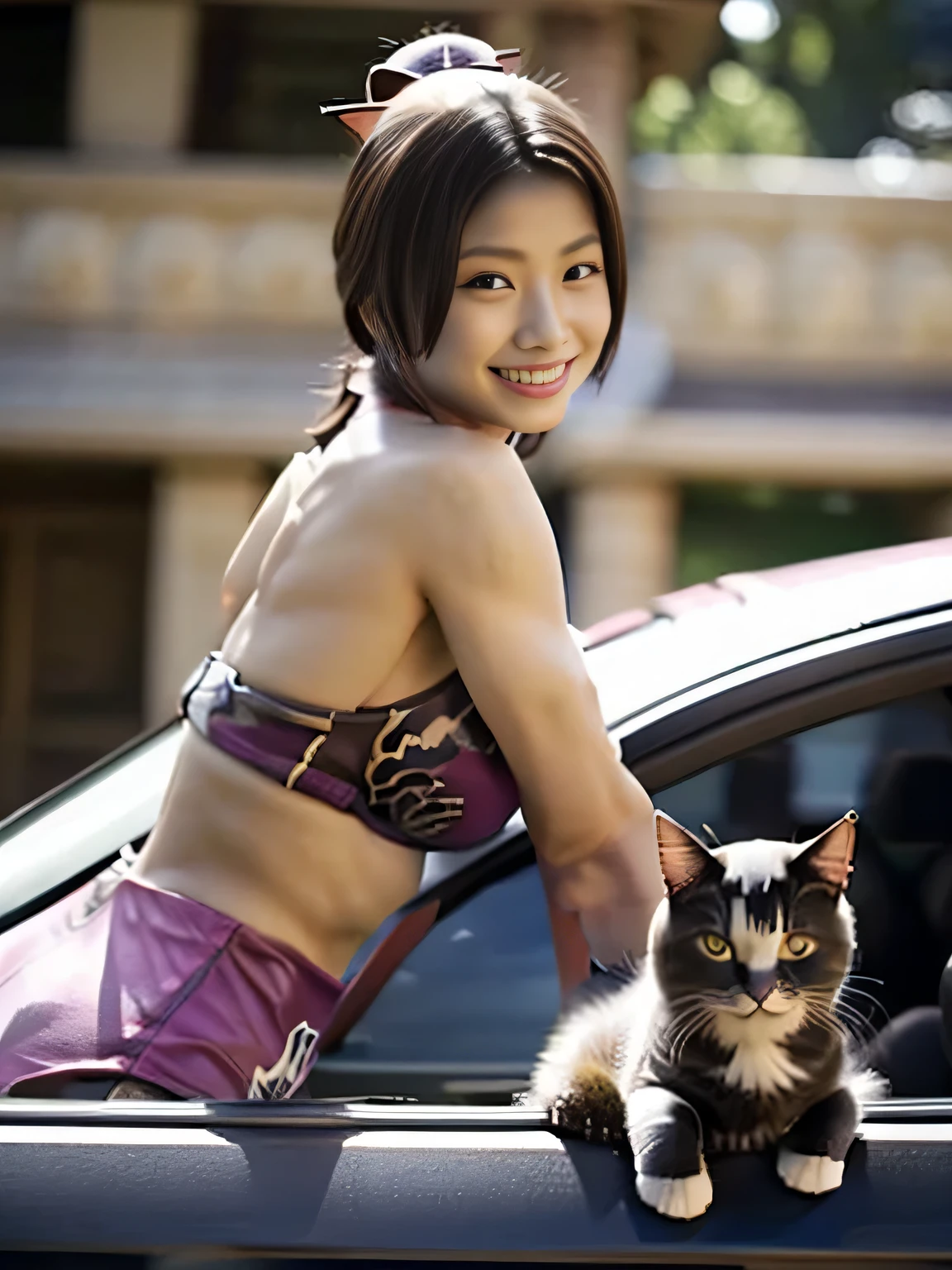 20 year old Japanese beauty，One woman、Muscular body like a bodybuilder、Emphasize the breasts、With a cat on his head、Slit eyes、A head-to-toe view，Bust is very very large、The background is inside the car、High quality photos、Clear, crisp images of the lower body、Masterpiece 8k、Smiling、Is doing a high kick、From the front, from the side, from the back, etc.々from what camera angle to shoot、Pink ninja costume