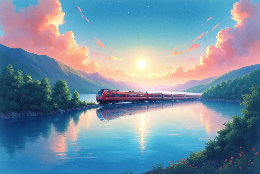 ((Watercolor art style)),score_9, score_8_upper, score_7_upper,(((Train running on water))),Ocean,beautiful水面,(((Side angle))),Angle from a distance,Minakami Station,Lake as far as the eye can see,(((green))),summer,horizontal line,Morning Glow,dawn,Starry Sky,(masterpiece, Highest quality, Highest quality, Official Art, beautifull, beautiful:1.2,Ray Tracing),Very detailed,greenの色調, ((masterpiece, Highest quality, Very detailedCG, unity 8k wallpaper )),(masterpiece, Highest quality, Highest quality, Official Art, beautiful),Colorful and stylish,Colorful light streaks effect,High-precision images,Ultra-high resolution,Poster Art,avert your eyes,CD jacket,(((Abstract modern design poster)))