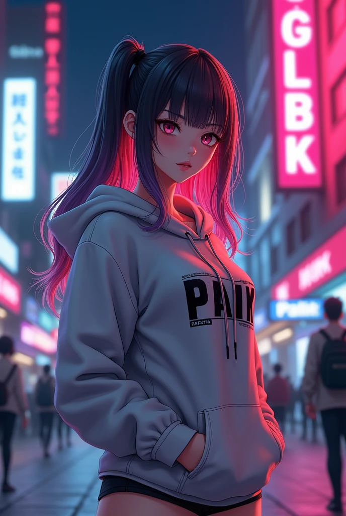 Create anime character; {background: HD capital text: “GLBK” in right-top, night}, white skin, realistic, HDR, beautiful, japan style, full body, J Cup breast, age 27, hoodie HD text: “Paik”, female, color Gradient hair, long hair