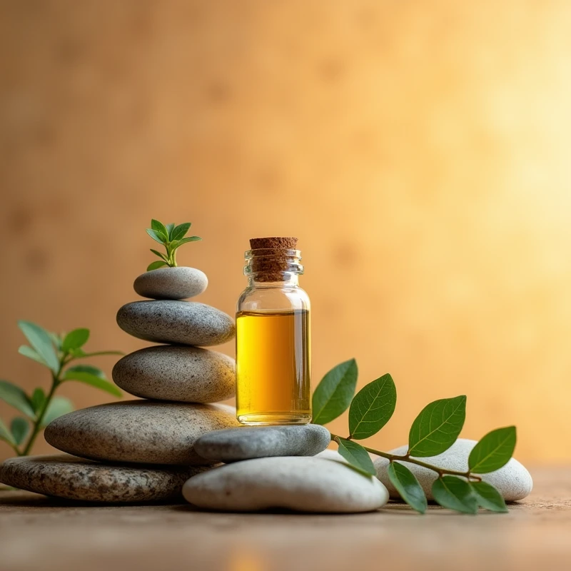 Clean overlapping stones,Essential oil bottle on stones,Perilla leaves on the side,Warm background