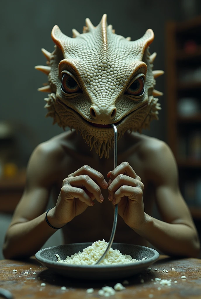 Generate a realistic image where a dark-skinned man had a with a lizard, and this childborn with the body of a man and the head of a lizard. This kid is at home holding a metal straw in one hand and snorting coke (cocaine) for the nose. He has a circle beard style goatee . Your body and hands are those of a man. The image needs to highlight the face, mãos e cocaine.