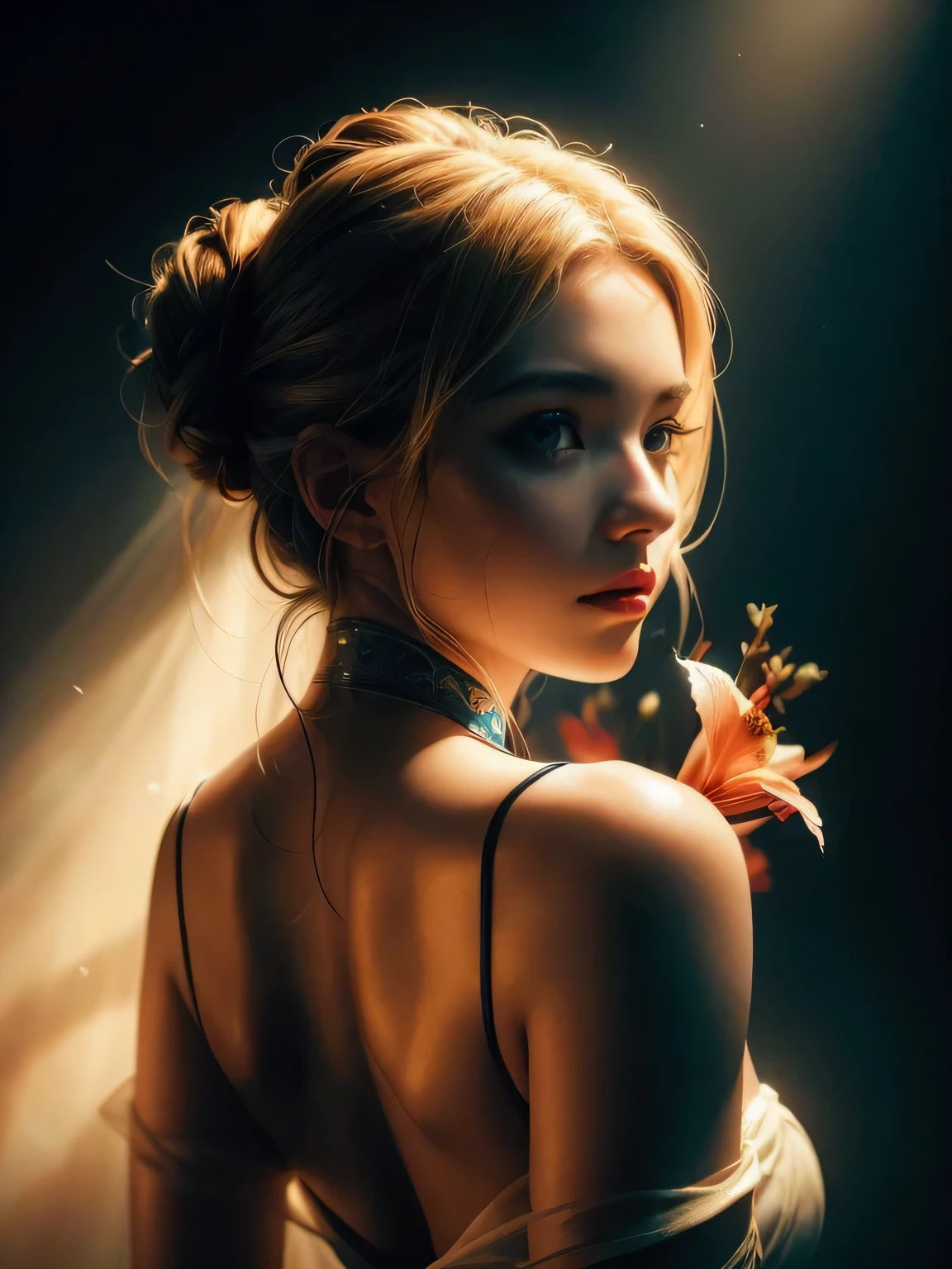 "Studio photography depicting a blonde woman from the back, a stunning, abstract, flowery, predominantly blue, white, upper body, centered, key visual, intricate, highly detailed art, breathtaking beauty, precise line art, vibrant, sweeping, cinematic, with a soft gaze directed to the left. Her face is highly detailed, highlighting her serene expression. Her long hair is tied in an elegant bun, adorned with a vivid red flower, which stands out against the golden strands. The lighting is carefully adjusted with points of light concentrated on the right side of the hair, creating a subtle glow effect on the left side, bright lighting highlights the contour of the face, providing a dramatic chiaroscuro contrast. in a light and translucent fabric, which partially covers the body, adding a touch of mystery and detail to the image. The background is completely black, absorbing the light, while the absence of fill light accentuates the natural shadows,(((absence of light). bounced light, providing high light contour))), giving depth and dimension to the photograph. Captured with a Nikon D7000 camera, using a 35mm lens, f/22 aperture, and a shutter speed of 1/500 second. The image is rendered in 8K, with HDR technology for an exceptional level of detail and contrast."