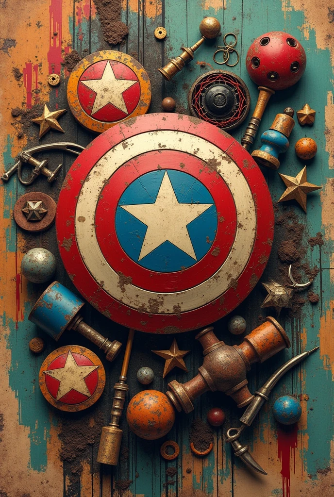 A blend of old retro Bollywood film reels and Marvel symbols like shields and hammers.