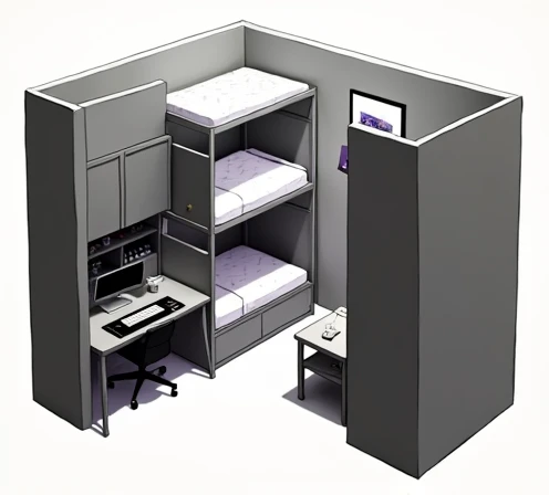 **Description of the room plan:**

The design shows a compact and efficient room with the following elements:

Make a room that has a bunk bed located against one of the walls, The top bunk is used for sleeping, while the bottom, There is a desk with a computer and a chair, creating a comfortable and functional study or work space.

On the other side of the room make A simple table placed in the room can be used for various activities such as reading, write or place additional equipment. While in the other corner of the room, the recording studio is located, equipped with a microphone, a sound mixer, a plan, Monitors and other essentials for music production, that is very tidy, with grey colors, negro. 

The walls should be white with a lilac wall, that has frame decoration.

