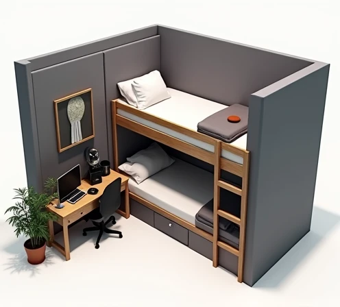 **Description of the room plan:**
The design shows a compact and efficient room with the following elements:
Make a room that has a bunk bed located against one of the walls, The top bunk is used for sleeping, while the bottom, There is a desk with a computer and a chair, creating a comfortable and functional study or work space.
On the other side of the room make A simple table placed in the room can be used for various activities such as reading, write or place additional equipment. While in the other corner of the room, the recording studio is located, equipped with a microphone, a sound mixer, a plan, Monitors and other essentials for music production, that is very tidy, with grey colors, negro.
The walls should be white with a lilac wall, that has frame decoration.