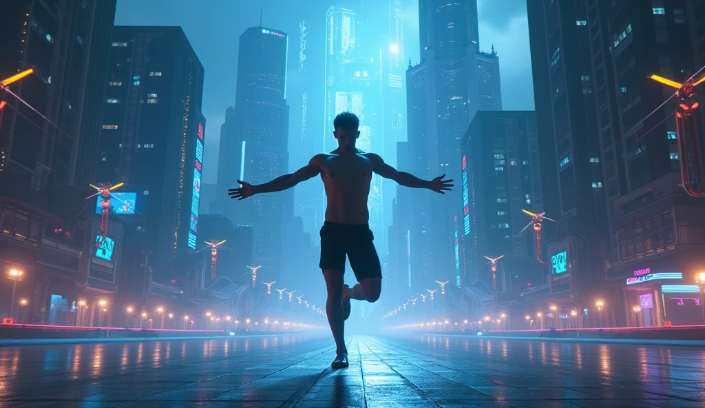 (ultra detailed), cyber punk、City night view in the background、A male dance group member is illuminated by a spotlight。Futuristic buildings and holograms appear in the background.。