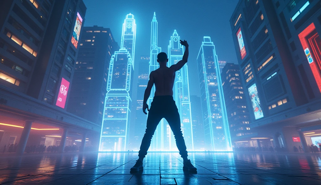 (ultra detailed), cyber punk、City night view in the background、A male dance group member is illuminated by a spotlight。Futuristic buildings and holograms appear in the background.。