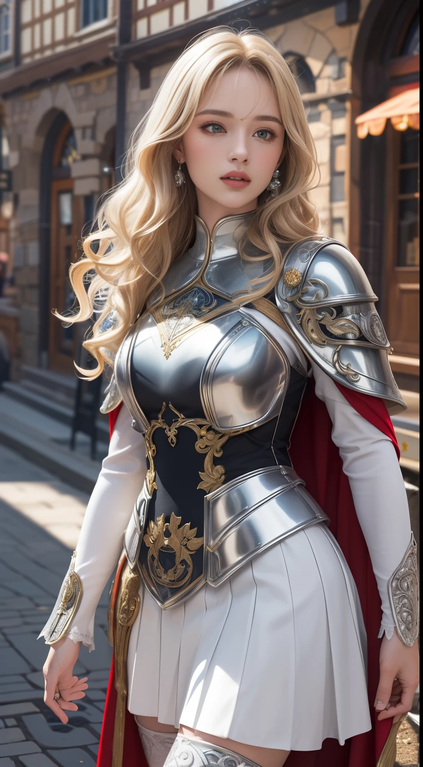 Very beautiful woman、Slender young woman、(Detailed face)、Realistic Skin、((Paladin)), ((Pearl White Armor))、((((Silver armor with extremely detailed and intricate decoration.:1.1))))、((Delicate photo)),(Girl Astepeace RAW Photo Details:1.25), (Highest quality:1.6), (Ultra-high resolution:1.5), (Realistic:1.75), 8k resolution, Canon EOS R5, 50mm, Absurd, Very detailed,Cinema Lighting,((Medieval streetscape))、((Medieval streetscape))、(((White skirt with embellishments)))、Thigh-high socks、Shingard、((blonde))、((Curly Hair))、((Drill Hair))、((Long hair with bangs and wavy hair,))、Get a six pack、Cape、Beautiful Armor、(In combat)、The wind is blowing、((Symmetrical armor))、banner、Shining Armor、(((Medieval streetscape)))、((Browsing Caution:1.1))、Medieval fantasy cityscape background