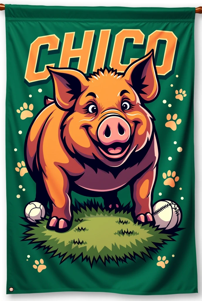 create a flag of a pig named Chico Duroc as if it were a flag for college intramural games make the same flag