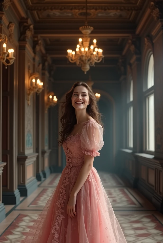 A far away image of an extremely beautiful woman, of Brown hair, eyes the color of honey, laughing ,small nose, full lips, very feminine features, dressed in a simple pink floral period dress, in the middle of a hallway in a black Victorian castle