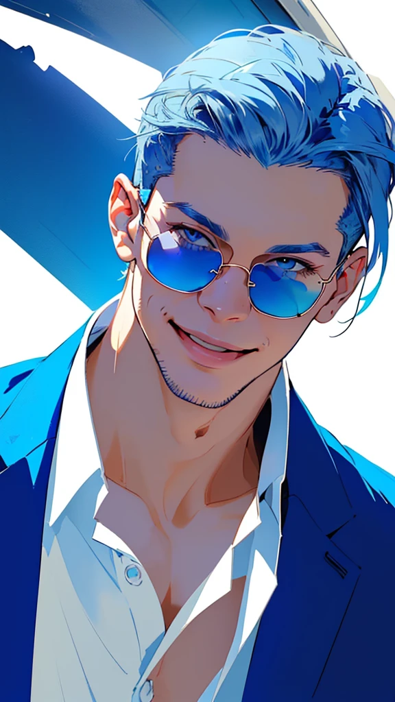 (((Blue suit、White open shirt、Long, smooth, blue hair that reaches down to her back、Eyes showing through sunglasses、Handsome man smiling and looking at camera、Hair up to the neck))),