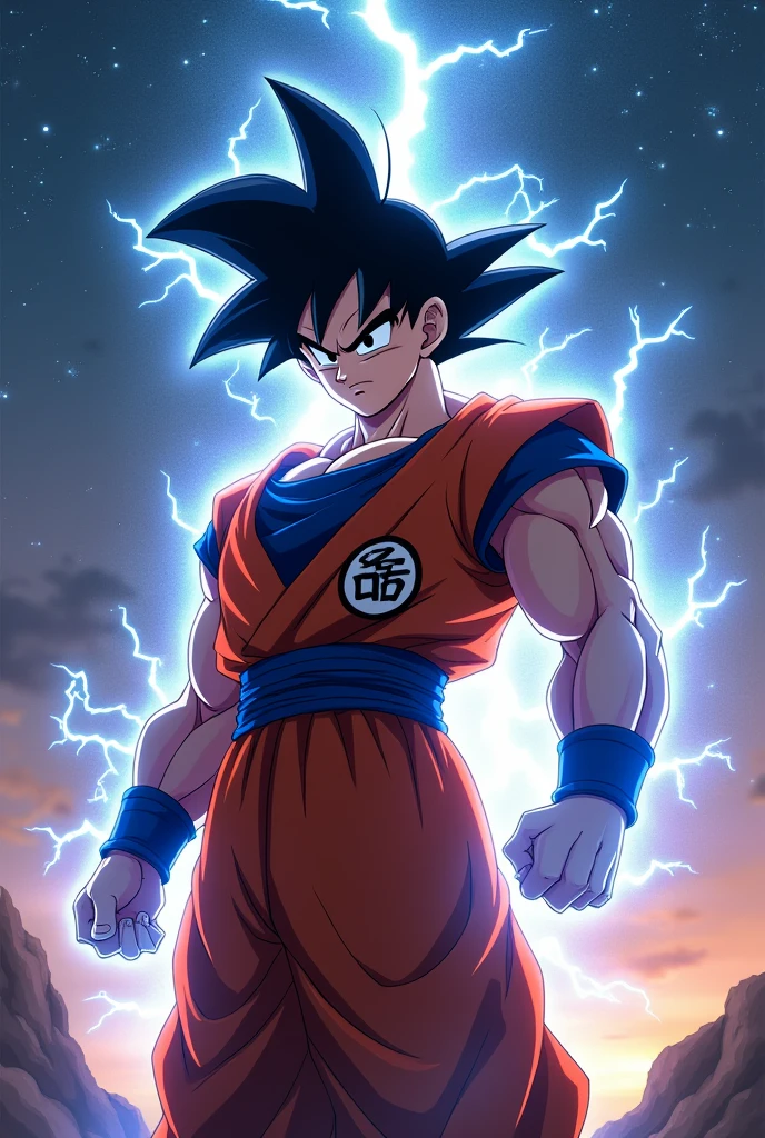 Create 8k immage ( dragon Ball anime character Goku age 28) with his anime dress up and lightning effects. Goku character background will have all the stars of this world and the surroundings will be very beautiful with a little darkness and some powerful effects.