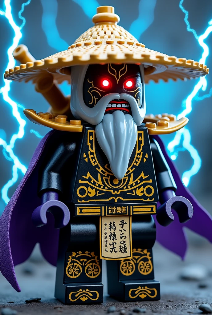 Créer moi un lego ninja go en lego le premier maitre du spijisufuturiste de la dernière puissance dimensionaire un ninja avec un chapeau de paille pointu en noir sur la tête avec un masque de oni de couleur or et noir profond sur la tête et une barbe blanche autour de la bouche avec des dents pointues pas de cheveux avec une peau sombre noir et il faut des traces d’électricité jaune et bleu foncé dans le visage et un regard terrible de noirceur avec des yeux ridé en rouge fonce profond brillant avec une puissance incroyable avec comme puissance élémentaire l’électrique, l’énergie, la terre, le feu, la glace. Les habits du ninja doit être tout en or avec des traces noir anthracite, bleu nocturne et golden suprême et fer anthracite avec des reure en forme d’électricité bleu clair et jaune brillant, avec 4 bras en or et violet et des écritures japonaises et le parchemin antique sacré le plus puissant en golden. Un ninja imbattable monstrueux beaucoup trop puissant qui contrôle tous les pouvoirs élémentaires. Le ninjadoit être destructeur et soif de victoire un gentil et mechant avec un sabre dans le dos