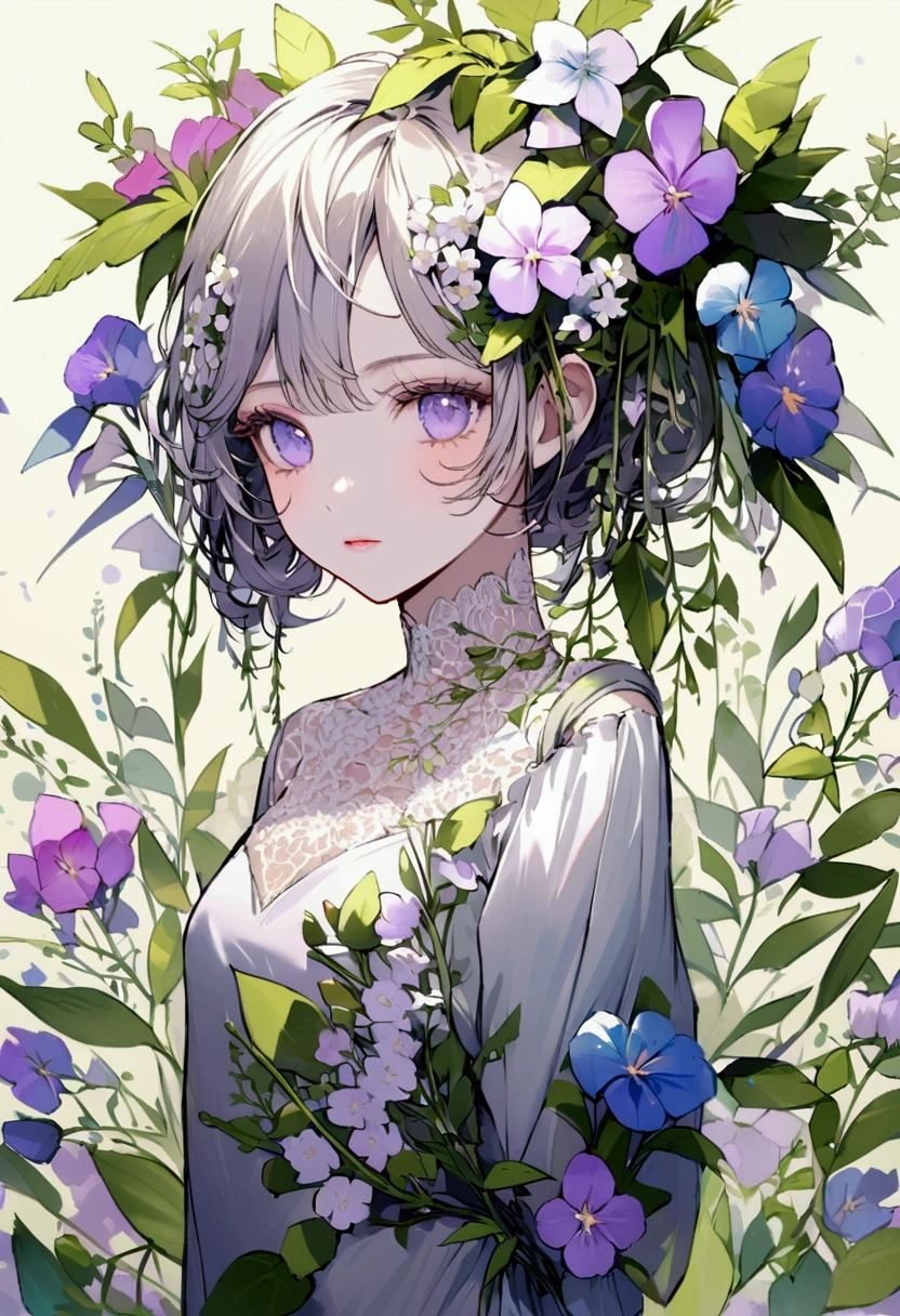 Convert your flower art into a hand-drawn illustration.、Create backgrounds with vibrant colors and unique touches The type of flower is statice、Gypsophila、sweet pea、Mix in some lace flowers, arms behind back, portrait, face portrait,