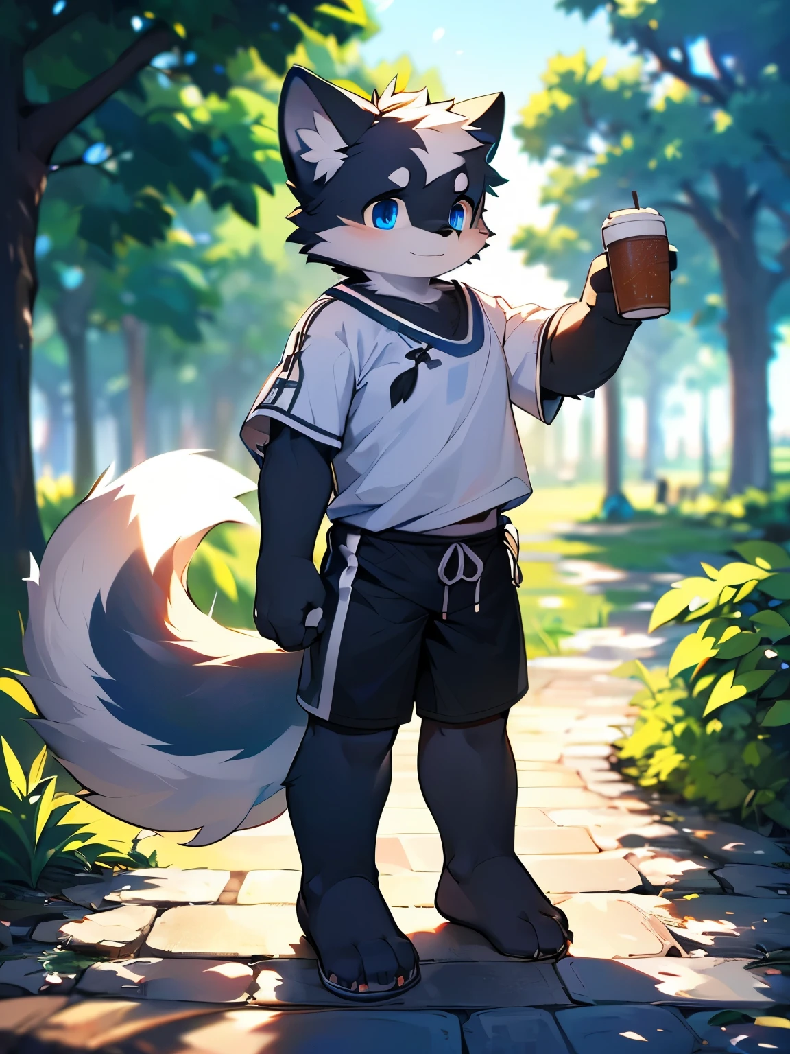 Black fur, Wolf animals, Big Tail，hairy，cub，male，((Big blue eyes，Watery))，Black sports shorts with white trim，Detailed facial hair，（barefoot：0.6），((Deep in the Park，Cobblestone Road，Alone))，evening，((detail))，（Depth of Field），stand up，full-body shot，Holding a coffee cup
