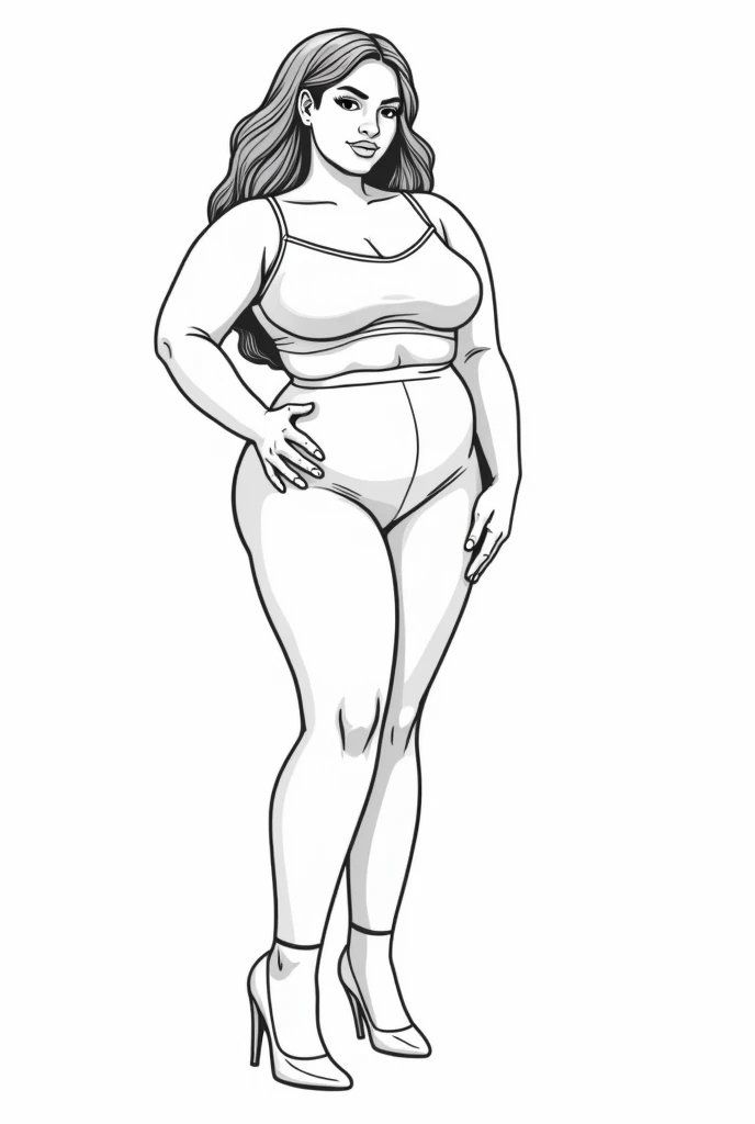 A minimalist black pencil sketch of a plus-size woman 1950s wearing a bikini, standing with her back turned. Her curves are accentuated, highlighting the beauty of various body shapes. The simplicity of the black lines against a white background emphasizes the elegance and power of the subject's form, celebrating body positivity and self-acceptance.