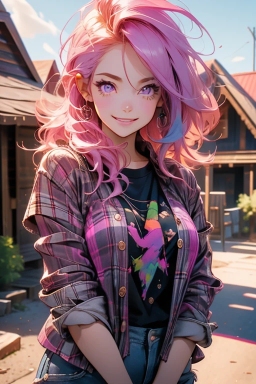 Perfect face. Perfect hands. A pink haired woman with violet eyes with an hourglass figure in a plaid shirt and ripped shorts is smiling in front of an A-frame cabin