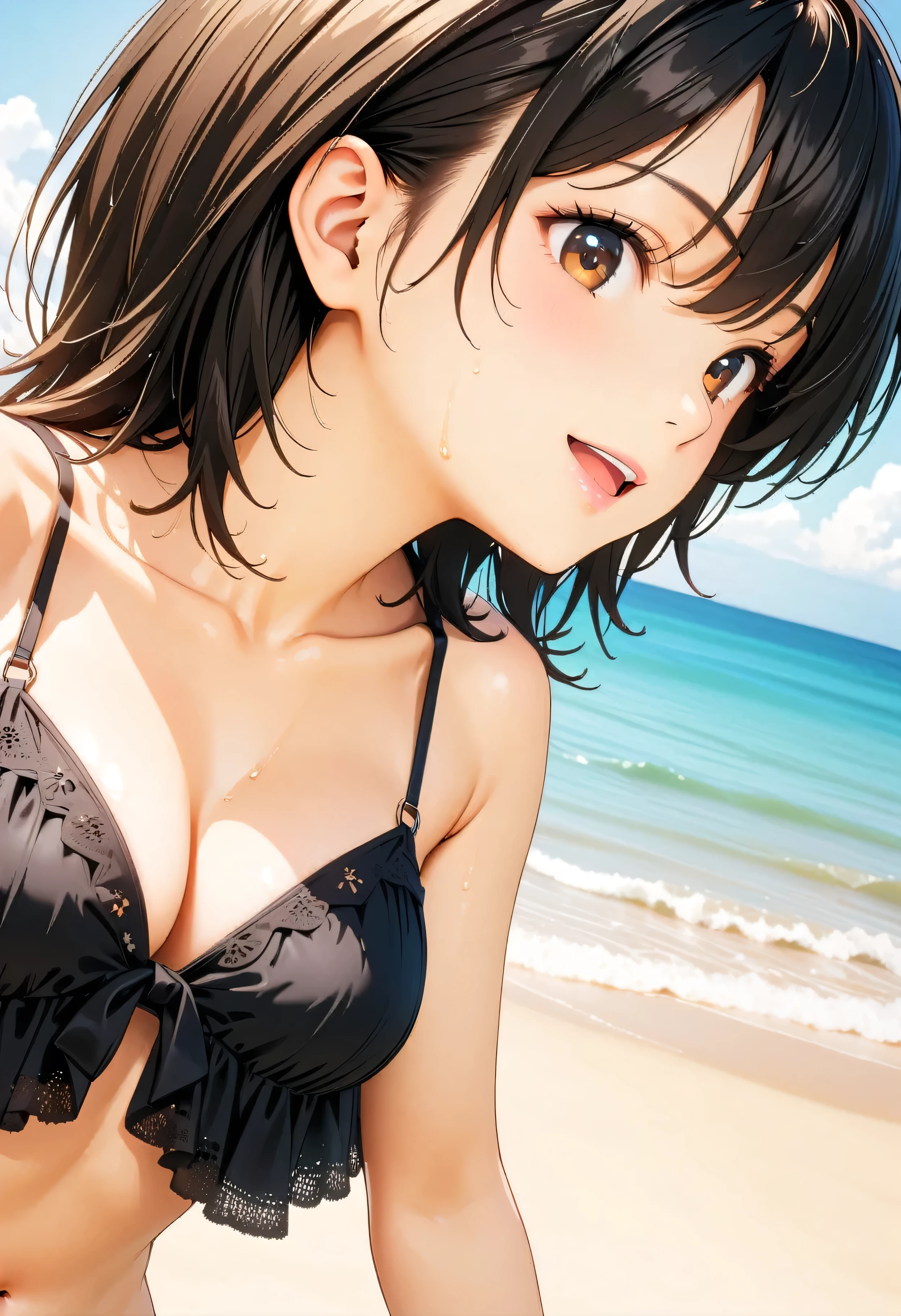 (Highest quality:1.2, Very detailed, up to date, Vibrant, masterpiece:1.2, Highest quality, Best aesthetics), smile, ((Face Up Shot:1.4)), 1980s style, 8K Ultra HD, Background Blur, smile, One Woman, Woman in bikini, Strong sunlight, Seaside, sunny, Summer sunshine, Wet Skin, Sandy Beach, Dynamic Angle, dynamic, Get excited