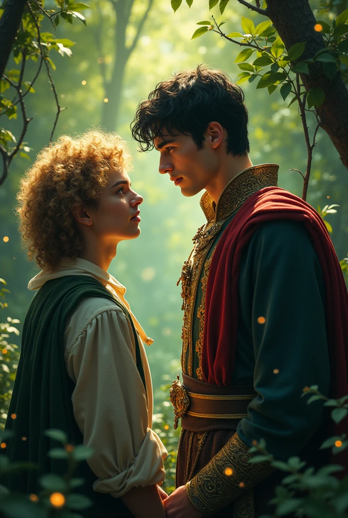A 2 prince with black hair watches intently over a 20-year-old peasant man with blond curly hair in an enchanted forest, where magic permeates the air and destiny seems to intertwine their lives in mysterious ways.