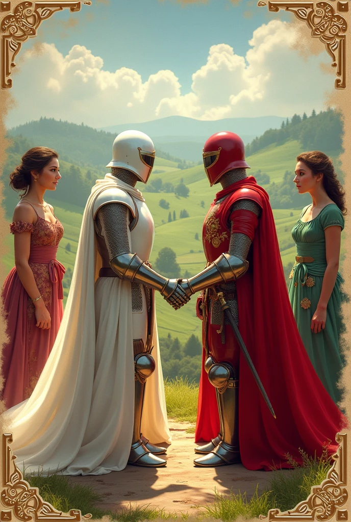 Two knights looking at the reader, one in white, the other in red, and the ladies next door

### Fund Selection

**background-image:** Use an image that is reminiscent of a medieval or traditional setting, like a landscape of fields or hills in Goiás, or an aged parchment paper texture. This gives an authentic and historical atmosphere to the invitation..

**decorative patterns:** Add inspired patterns and