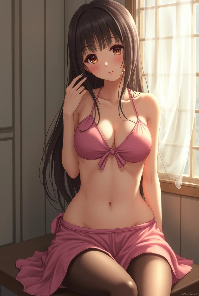 Realistic photos、Pay attention to the cute high school girl's face、bikini、Beautiful way to sit , Sit well, Taken from the opposite seat, skirt, High heels, pantyhose,