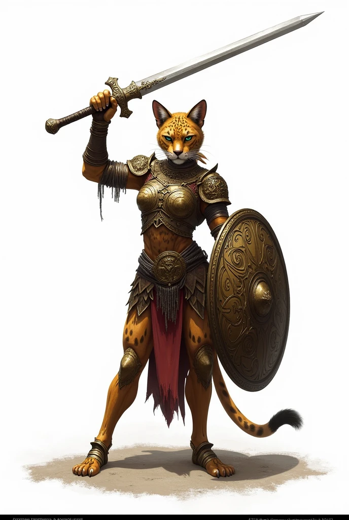 Raise your sword (Background is white)Khajiit Jaguar Female, in armor, stands, On the battlefield, with a sword and a shield in his hands