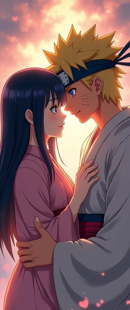 A beautiful detailed portrait of Naruto Uzumaki and Hinata Hyuga, a romantic couple from the Naruto anime series, (best quality,4k,8k,highres,masterpiece:1.2),ultra-detailed,(realistic,photorealistic,photo-realistic:1.37), intricate details, vibrant colors, dramatic lighting, cinematic composition, fantasy, anime style, character portrait, love, intimacy, tender moment, beautiful eyes, delicate features, flowing hair, elegant kimono, serene background