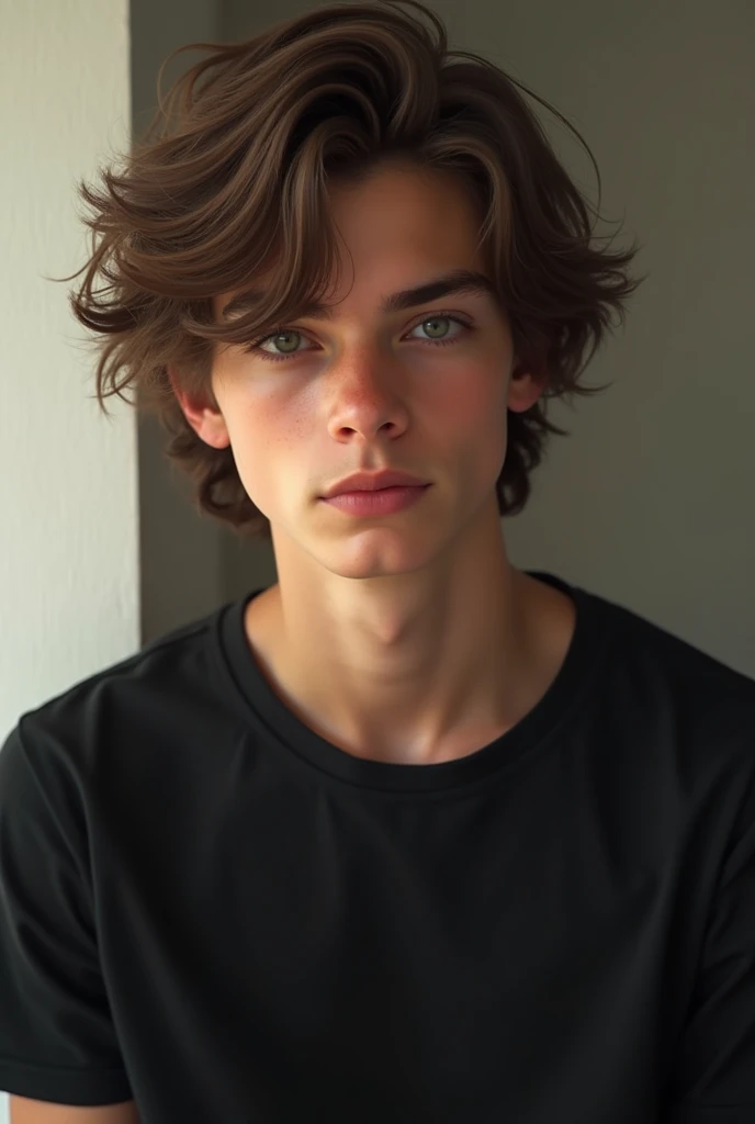 A beautiful boy. In brown flaffy hair. He has a black T-shirt and pants. Realistick 18yo