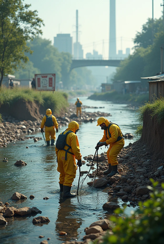 I want you to create an image of basic sanitation in a polluted river.