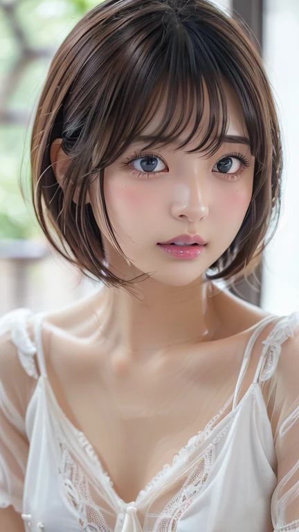 Ultra-high resolution, (Realistic: 1.4), RAW Photos, highest quality, (Photorealisticistic), concentrated, Soft Light, ((Age 25)), ((Japanese)), (front, Young Face))), (Depth of written boundary), (one piece), masterpiece, (Photorealistic), woman, bangs, (( Off-the-shoulder tops, Bedroom, 1 girl))