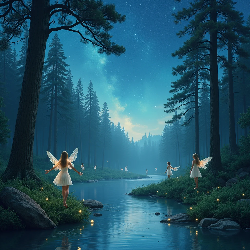 A large pine forest with fairies and nymphs fluttering around a large river and a very starry sky