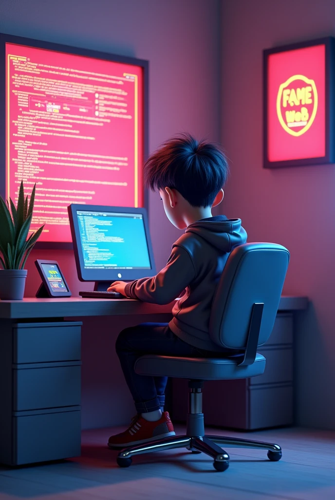 Make the 3d picture the boy sitting on dest and doing coding with cool and unique outfit on the wall the fame on the fame web master11 sit the boy perfectly and make it in unique room also with the cool desk yest this is perfect but add laptop not pc