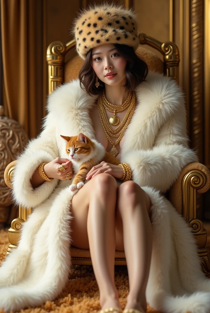 sexy young korean girl, korean, realistic, real,8k, clean, 18-year old girl with a brown gorgeous hair, pale skin, her face is also very beautiful but and looks mature. sexy, She has a fit body. wearing huge white fur coat, big leopard fur hat, fur coat covering all the body, wearing big fluffy fur hat, sitting on golden throne on the fur mug, gold necklaces, princess handsome, petting cat, gorgeous face, she has slim body,wearing huge white fur coat, many jewelry, alots of gold jewelry, every finger has golden rings, her sexy leg , she wearing fur slippers