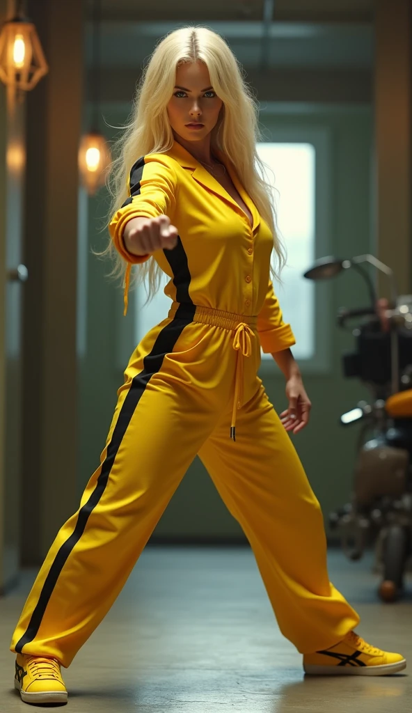 Super realistic, Cinema 4D rendering, wide shot, 1 lady, blonde long hair, blue eyes, cleavage, yellow jumpsuit with black lines on the sides, Yellow sneakers with the black Onitsuka Tiger brand mark, battoujutsu stance, glaring at the viewer, Uma Thurman, KILL BILL, indoor, bokeh effect, depth of field, hyper Realistic, Professional photography, Cinema Lighting