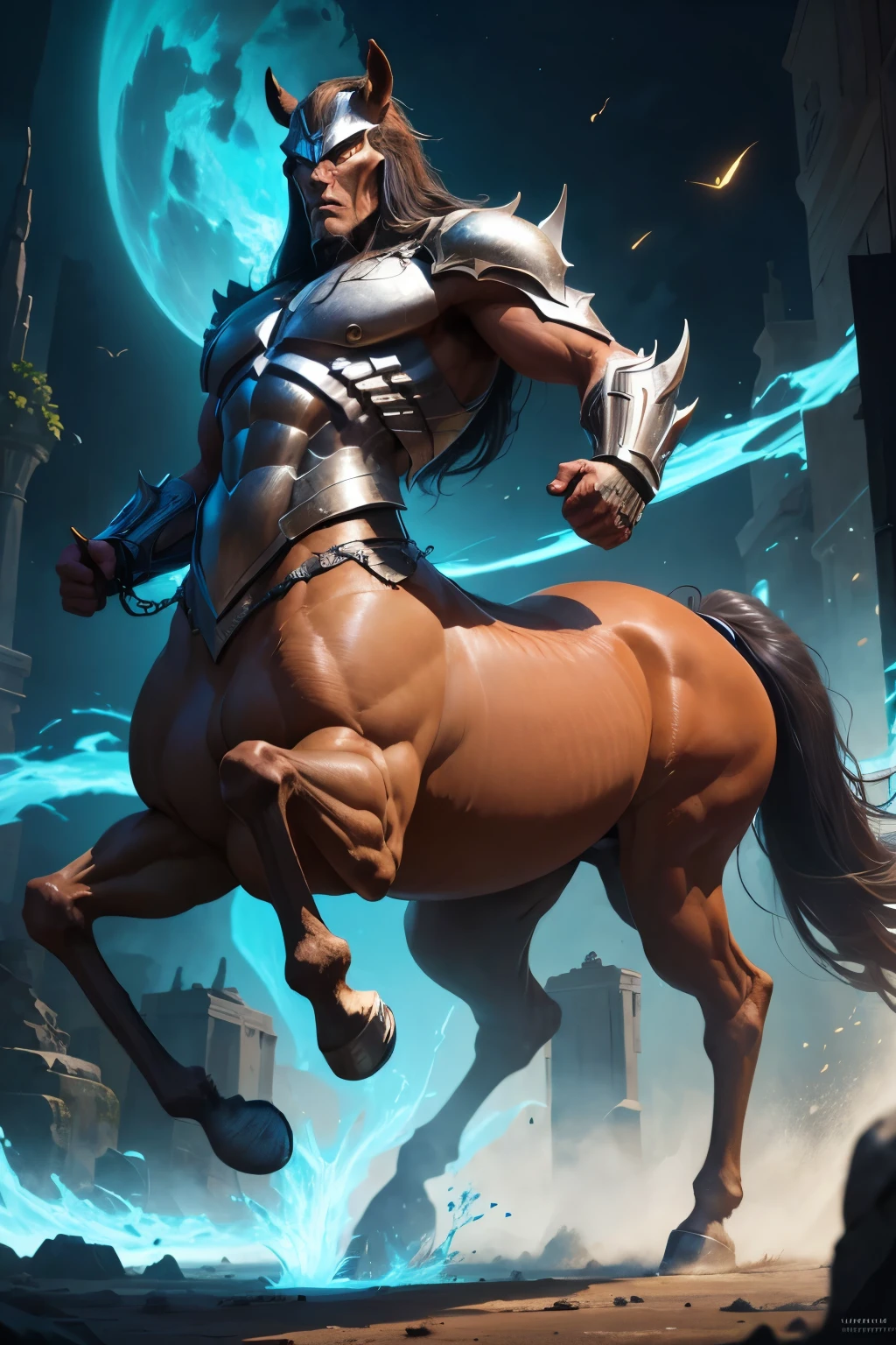 Mythological creature, Hybrid being, Powerful equine warrior, Bipedal equine torso, Fierce and majestic, Chimerical figure, Half-man, half-horse, Centaur,highres,ultra detailed,best quality,masterpiece
